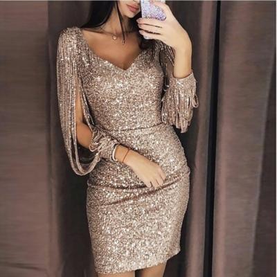 China Dry Cleaning Cavity Out Sequined Ball Gown Long Tassel Sleeves V-Neck Evening Club Sexy Stretch Mini Dress for sale