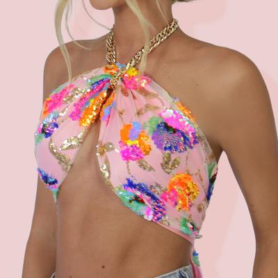 China No Sexy Night Club Wear Streetwear Chain Halter Pink Sequin Floral Crop Tops Y2K Backless Halter Sleeveless Camis for sale