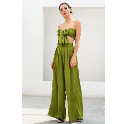 China Green Sexy STREETWEAR Both Pieces Set For Women Satin Sleeveless Crop Tops DIY Strap High Waist Straight Pants Long Loose Summer for sale