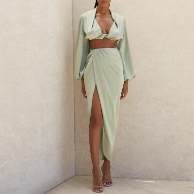 China sexy & Full Sheathed Club Deep V-Neck Crop Tops Front Skirt Women Sexy Satin Split 2 Pieces Sets Spring 2021 for sale