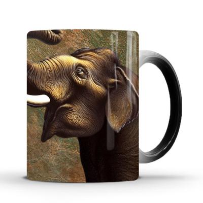 China Sublimation Viable Mug Printed Black Ceramic Mug Elephant Design Coffee Wild Animal Color Changing Mugs for sale