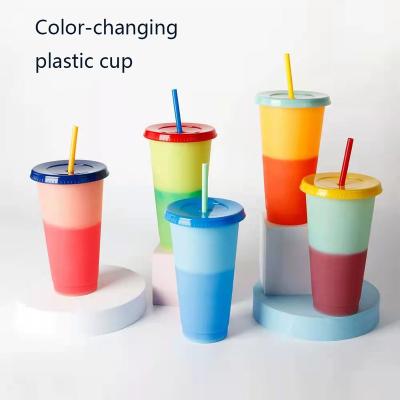 China Custom Viable Thermochromic Plastic Logo Tea Cup 710ml Ins Style Mug Student Water PP Cups With Straws And Lids for sale