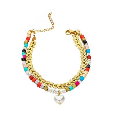 China MW TRENDY Custom Retro OEM 1pcs Manufactures 2022 NEW Women Fashion Bracelet Gold Wheat Chain Love Bead Boho Jewelry Stainless Steel for sale