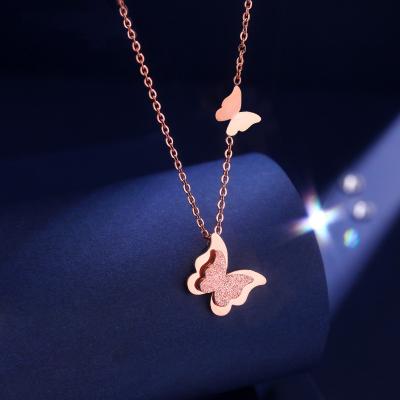 China Latest TRENDY Stainless Steel Necklace For Women Net Red Rose Gold Frosted Double Butterfly Fashion Clavicle Chain Jewelry Gift for sale