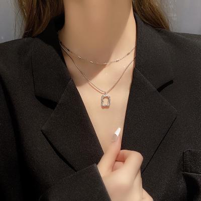 China TRENDY New Fashion Simple Double Layer Stainless Steel Necklace For Women Niche Design Geometric Double Square Clavicle Pendant Chain for sale