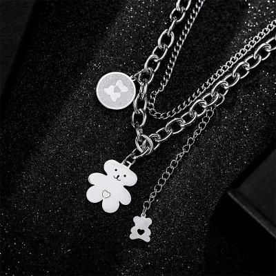 China TRENDY Women's Double Layer Stainless Steel Bear Necklace Hip Hop Sweater Chain Niche Design Clavicle Chain Fashion Pendant Accessories for sale