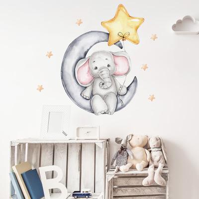 China WALL STICKER Gray Baby Elephant Sits on the Moon Wall Decal for Home Baby Room Nursery Decoration Kids Wall Sticker for sale