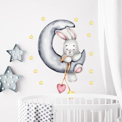 China WALL STICKER Cartoon Gray Bunny Moon Gold Stars Wall Decal for Home Baby Room Nursery Decoration Kids Wall Decal for sale