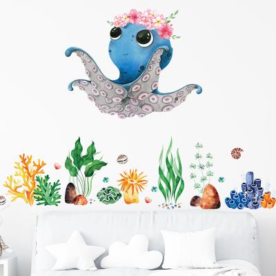 China Waterproof+Eco-friendly Cute Watercolor Cartoon Octopus Wall Stickers For Kids Baby Room Bathroom Decoration Wall Decal for sale