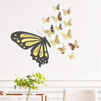 China Waterproof+Eco-friendly Yellow Black Half Butterfly with 12pcs 3D Gold Cavity Paper Map Butterfly Wall Stickers Living Room Decoration Home Wall Decal for sale