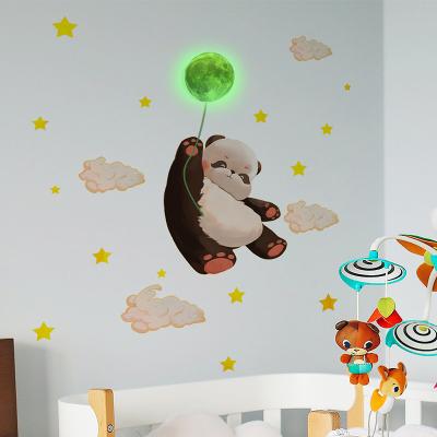 China Waterproof+Eco-friendly Luminous Flying Panda With Green Light Moon Wall Sticker Kids Room Bedroom Decoration Home Wall Decal for sale