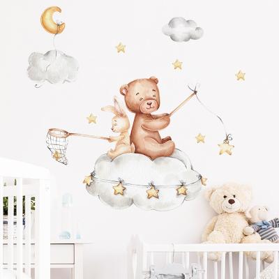 China WALL STICKER Cartoon Bear And Bunny Back To Back On The Cloud Stars Wall Stickers Kids Room Nursery Decorative Sticker FX-D253 for sale