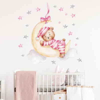 China Waterproof+Eco-friendly Good Night Pink Baby Bear Sleeping on the Moon Wall Decal for Kids Room Nursery Decoration Kids Home Wall Sticker for sale