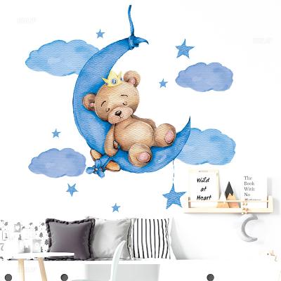 China Waterproof+Eco-friendly Cute Boy Bear With Crown Sleeping On The Moon Wall Decal For Kids Room Bderoom Nursery Decoration Home Wall Sticker for sale