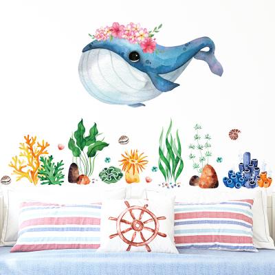 China Waterproof+Eco-friendly Flower Blue Whale Fish Wall Stickers For Kids Baby Room Nursery Bathroom Decoration Wall Decal for sale