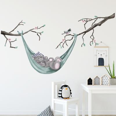 China Waterproof+Eco-friendly Watercolor Gray Bear Reading Book on Hammock Tree Wall Stickers for Kids Room Nursery Wall Decals for Bedroom Home Decor PVC for sale