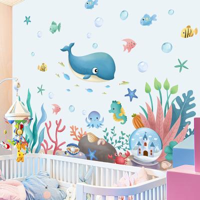 China Waterproof+Eco-friendly Cartoon Ocean Animals Wall Stickers For Kids Room Decor Whale Fish PVC Vinyl Baby Room Home Decoration for sale