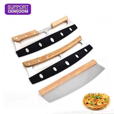 China Stocked Hot Sale Pastry Tools Premium Sharp Sliced ​​Pie Knife Stainless Steel Pizza Rocker Cutter With Comfort Grip Wood Handle for sale