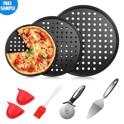 China Stock 8pcs Metal Stainless Steel Pizza Server Ready Workable Cutter Carbon Steel Non-Stick Pizza Pan with Holes Pastry Making Kit for sale