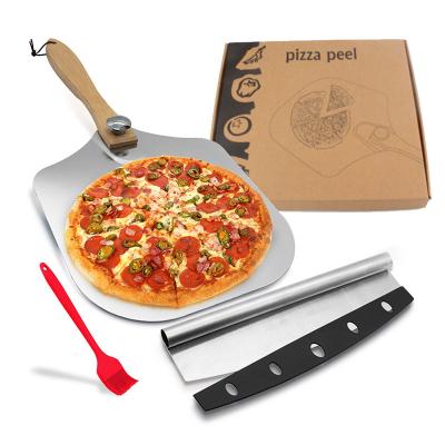 China New Style Baking Stocked Accessories Machine Stainless Steel Cutter and Folding Wooden Handle Aluminum Metal Pizza Skin Set with Brush for sale