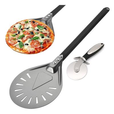 China Ready Stocked Stock Alloy 8 Inch Round Perforated Skin Pizza Turner With Metal Handle Pie Paddle For Homemade Cake Oven Accessories for sale