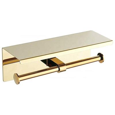 China Hotel 304 Stainless Steel Wall Mounted Gold Plated Toilet Paper Holder With Mobile Phone Shelf for sale