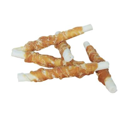 China 2022 Viable Healthy New Twist Of Rawhide Wrapped With Rawhide Chicken Sticks Meat Filled Rawhide Pet Treats Dog Food Pet Food for sale