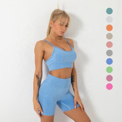 China New Design 2021 Summer Activewear Workout Seamless Fitness QUICK DRY Ribbed Slim Bra Strap 2 Piece Women Yoga Shorts Set for sale