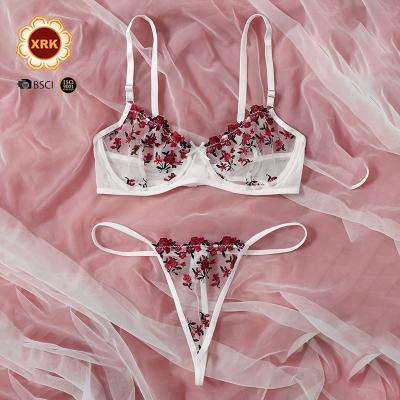 China Popular designer breathable Mesh Lingeries Women Red Embroidered flowers bras and thong sets for sale