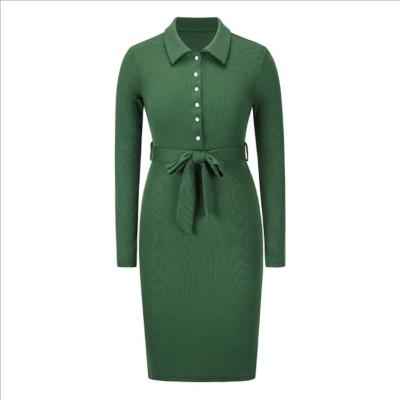 China Anti-Wrinkle Autumn Dress Women Lapel Slim Office Knitted Mid Length Dress for sale