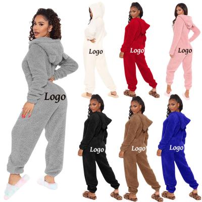 China Cute QUICK DRY Hooded Lounge Solid Color Sherpa Romper Furry Onesie Plus Size Teddy Onesie Fuzzy Bear Womens Pajamas For Adults for sale