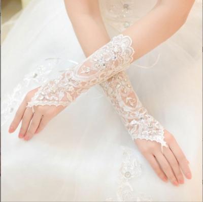 China ELBOW Dress Gloves Lace White Crystal Wedding Gloves Bridal Accessories for sale