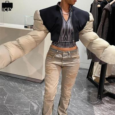 China 2022 New Arrivals QUICK DRY Color Contrast Zipper V-Neck Patchwork Ladies Bubble Down Long Sleeve Puff College Jacket Coat Women Casual for sale