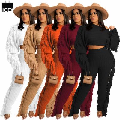 China QUICK DRY Thick Knitted Two Piece Pants Outfits With Tassels Sweater Casual Solid Pants Set Women Winter Clothes Sweater 2 Piece Set for sale