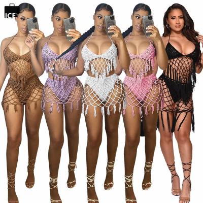 China 2022 QUICK DRY Ladies Beach Wear Ladies High Waisted Crochet Tassel Bikini Swimwear Two Piece Set for sale