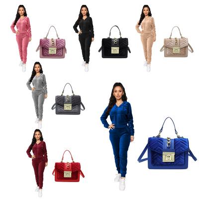 China 2021 Autumn Winter Lady Velvet Hooded Jogger Suits Sweater and Shoulder Handbag QUICK DRY Sets for sale