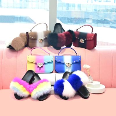 China Canvas Frosted Diamond Matte Pattern Jelly Chain Scented Small Bag With Fox Fur Ladies Sandals And Slippers Set for sale