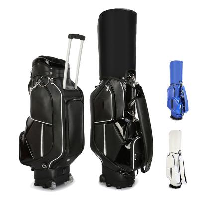 China Durable Custom Logo Blue Black White Golf Bag With Retractable Wheels Waterproof PU Leather Cart Golf Bag for sale