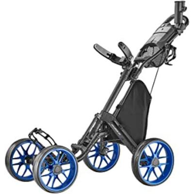 China Foldable Hand Push Aluminum Alloy 4 Wheel Golf Trolley One-Click Push Cart With Foot Brake Golf Trolley Umbrella Holder for sale