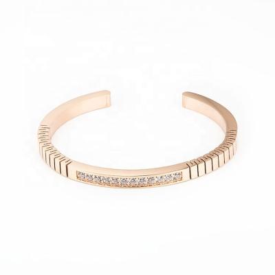 China Fashion Rose Gold Plated Stainless Steel Fashion Engraved Pave CZ Bracelet For Women for sale