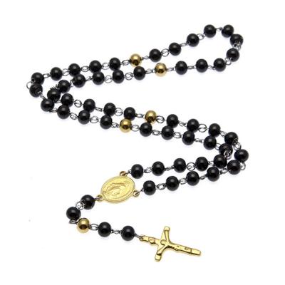 China Custom Bead Stainless Steel Christian Rosary Necklaces Jewelry Jesus Gold Cross Pendant Necklace for sale