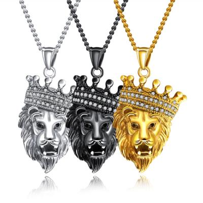 China Hiphop Marlary Men's Stainless Steel Animal Punk Crown Lion Head Shape Pendant Necklace for sale