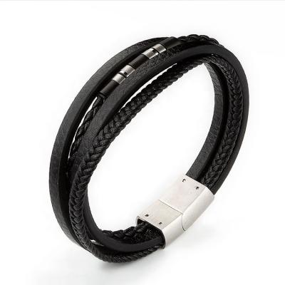 China Fashion Plated Fashion Charms Stainless Steel Buckle Multilayer Braided Men's Black Leather Bracelet for sale