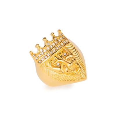 China Wholesale Hiphop Fashion Stainless Steel Zircon Lion Crown Head Ring 18K Gold Jewelry for sale