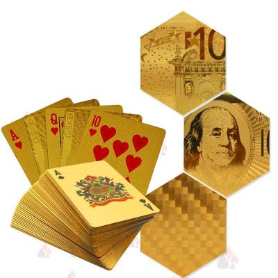 China Plastic Playing Cards Gold Foil Gold Poker Set Durable Waterproof Aluminum Plastic Poker Gold Grid Dollar Euro Cards for sale