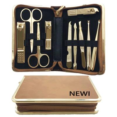 China 10 Nail Care Treatments In 1 High Quality Gold Professional Adult Nail Care Essentials Clippers Set In Leather Case for sale