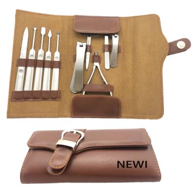 China High Quality Professional Adult Nail Care Treatments Stainless Steel Bases Nail Clippers Set In Leather Case (Pack Of 11 Pcs In Brown) for sale