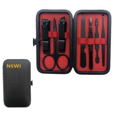 China Nail Care Treatments Stylish Black Stainless Steel Nail Clippers Set With Portable Leather Case Set Of 7 for sale