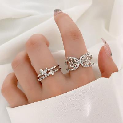 China Double Row 2pcs Punk Sliver KISSWIFE RTS Rhinestone Butterfly Open Rings Crystal Finger Ring Female Joint for sale