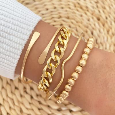 China Wholesale FASHIONABLE KISSWIFE Jewelry Layered Gold Metal Chunky Chain Open Bangle Cuban Bead Bracelet for sale